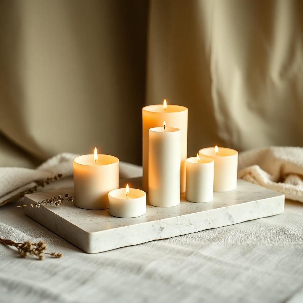 Cluster of ivory pillar candles glowing on a travertine stone slab